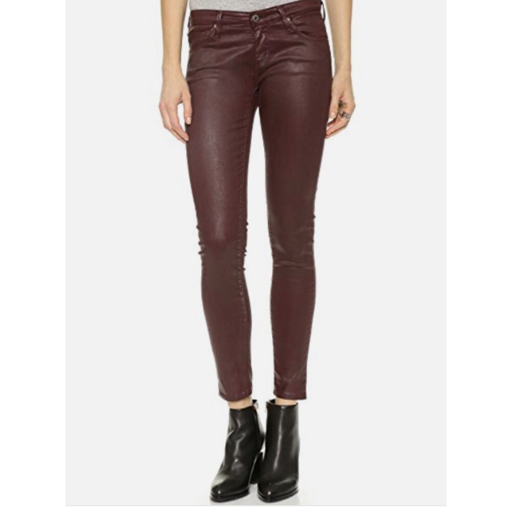 AG Adriano Goldschmied Legging Ankle Super Skinny Faux Leather Jeans Burgundy 28